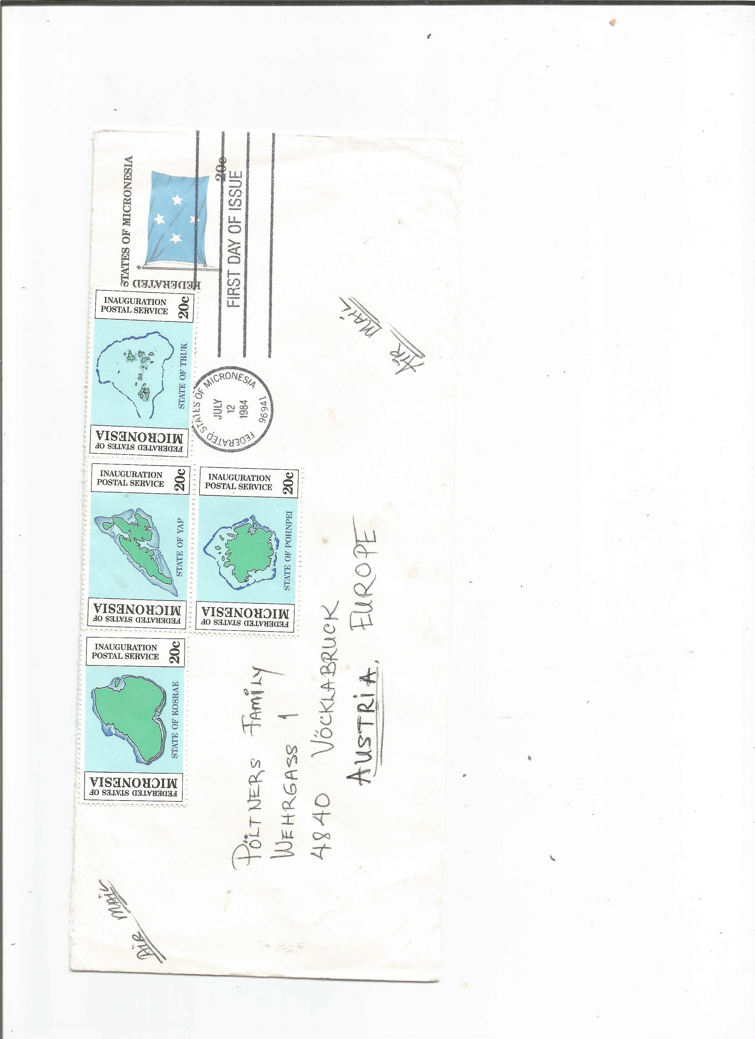 Federated States of Micronesia mapy hlavní ostrovů na FDC celinové obálce